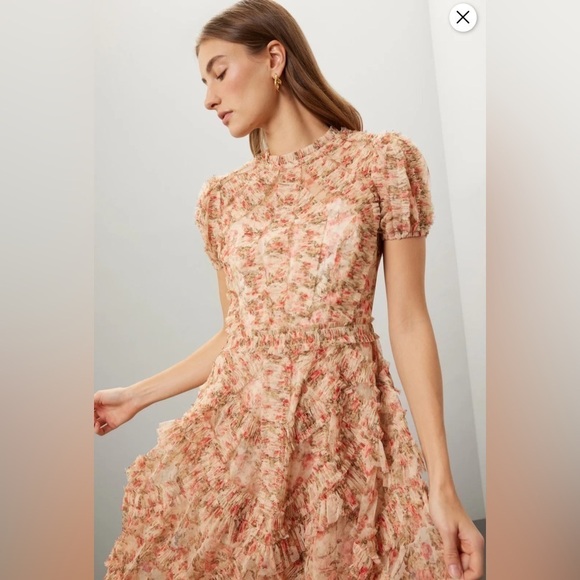 Mac Duggal High Neck Floral Mesh Ruffle Maxi Dress – Pink/Cream – Size 8 - Picture 7 of 17